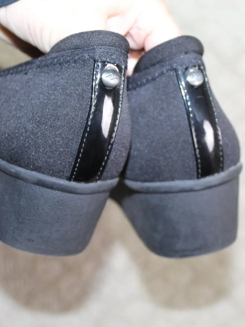 AK Sport Size 9.5 Black Stretch Fabric Square Toe Wedge Heels